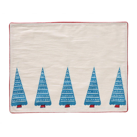 Tree Hand Block Printed Cotton Table Mat, Blue & Red - Eyaas