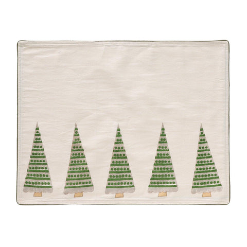 Tree Hand Block Printed Cotton Table Mat, Green- 14 x18 - Eyaas