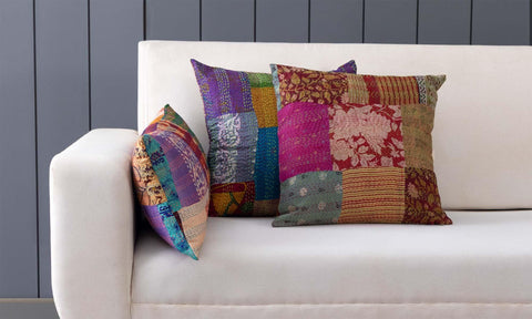 Patchwork Kantha Cushion Cover, Mustard & Teal 16x16 - Eyaas