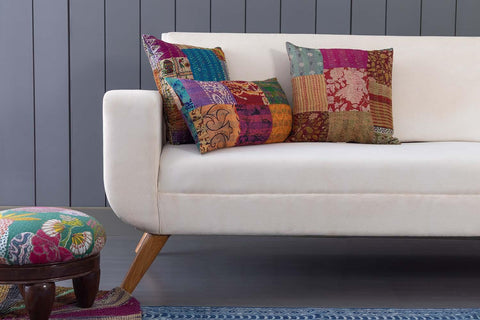 Patchwork Kantha Cushion Cover, Red & Blue 16x16 - Eyaas