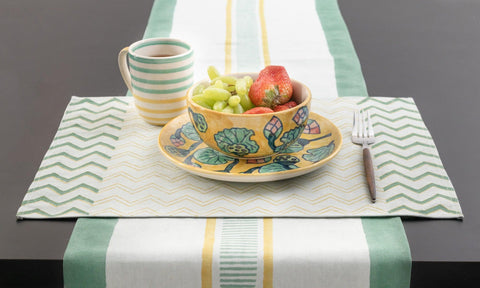 Dull Green & Grey Striped Block Printed Table Runner 13x60 - Eyaas