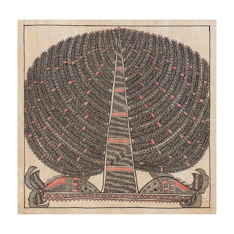 Madhubani Painting - Tree of Life & Fish 10x10 - Eyaas