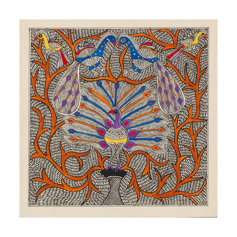Madhubani Painting - Peacock in Tree of Life 10x10 - Eyaas