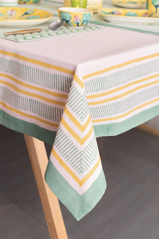 Block Printed Table Cloth, 58x90, Light Pink & Green - Eyaas