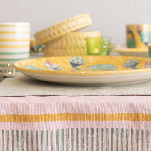 Block Printed Table Cloth, 58x90, Light Pink & Green - Eyaas