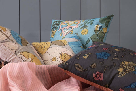 Kalamkari Cushion Cover, Blue, Floral Bells - Eyaas