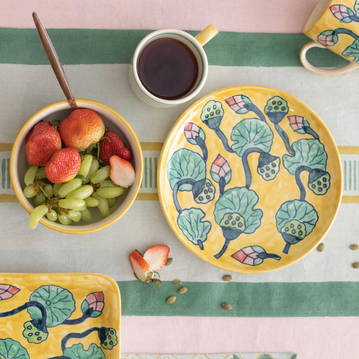 Water Lily & Striped Ceramic Breakfast Set of 3 - Eyaas