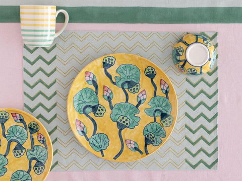 Grey & Yellow Chevron Block Printed Table Mats - Eyaas