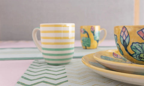 Water Lily & Striped Ceramic Breakfast Set of 3 - Eyaas