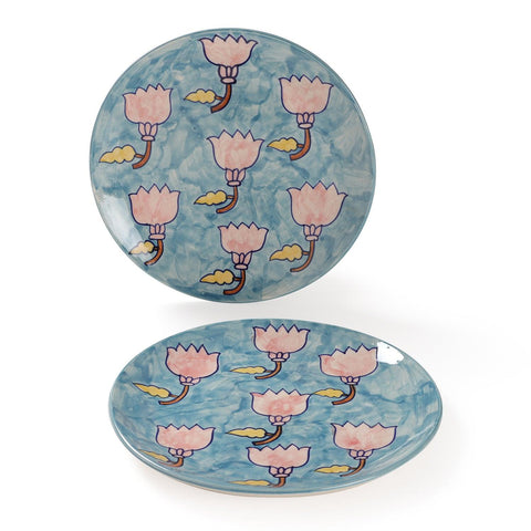 Lotus Handpainted Ceramic Dinner Plate 10 Inch Set of 2 - Eyaas