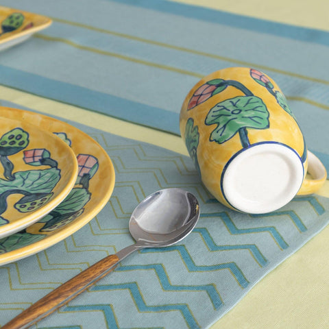 Striped Block Printed Table Runner, Light & Sky Blue - Eyaas