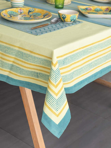Block Print Table Cloth, Light Yellow with Blue Border - Eyaas