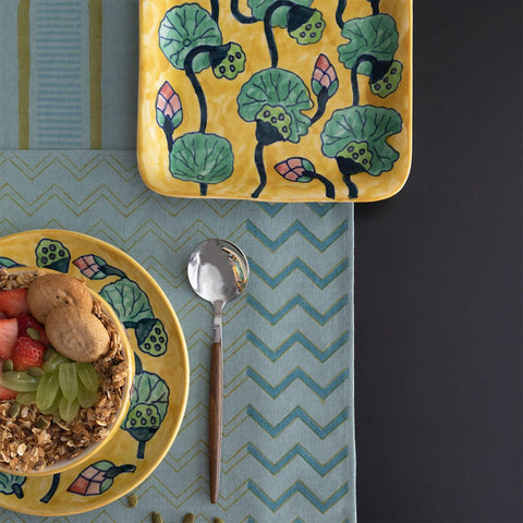Blue & Yellow Chevron Block Printed Table Mats - Eyaas