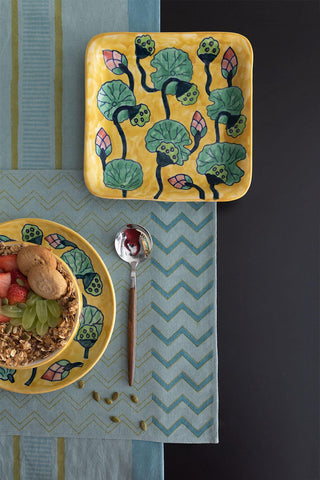 Striped Block Printed Table Runner, Light & Sky Blue - Eyaas