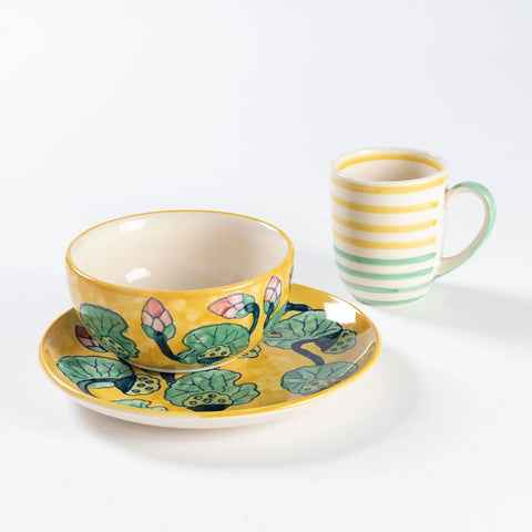 Water Lily & Striped Ceramic Breakfast Set of 3 - Eyaas