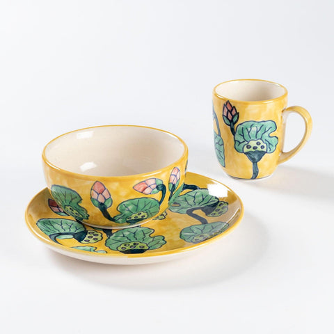 Water Lily Ceramic Breakfast Crockery Set of 3 - Eyaas