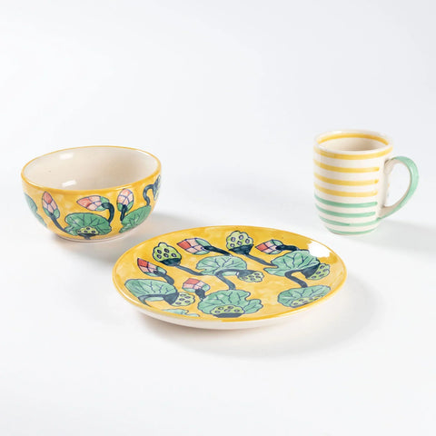 Water Lily & Striped Ceramic Breakfast Set of 3 - Eyaas