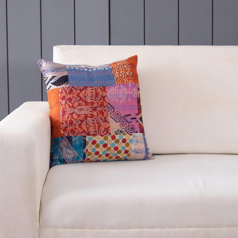 Patchwork Kantha Cushion Cover, Red & Blue 16x16 - Eyaas