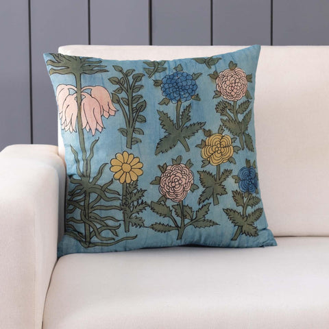 Kalamkari Cushion Cover, Blue, Floral Bells - Eyaas