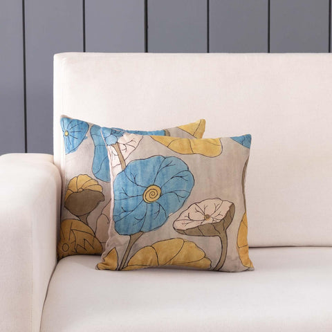 Kalamkari Cushion Cover, 12x12, Pastel, Lotus - Eyaas