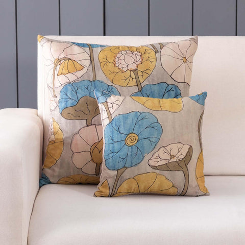 Kalamkari Cushion Cover, 12x12, Pastel, Lotus - Eyaas