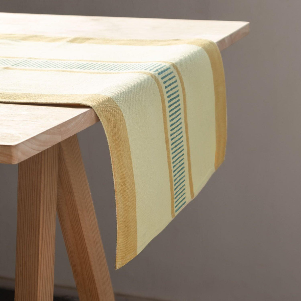 Hand Block Printed Mustard Cotton Table Runner - 13x60 - Eyaas