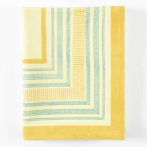 Block Print Table Cloth, Light Yellow & Mustar Border - Eyaas