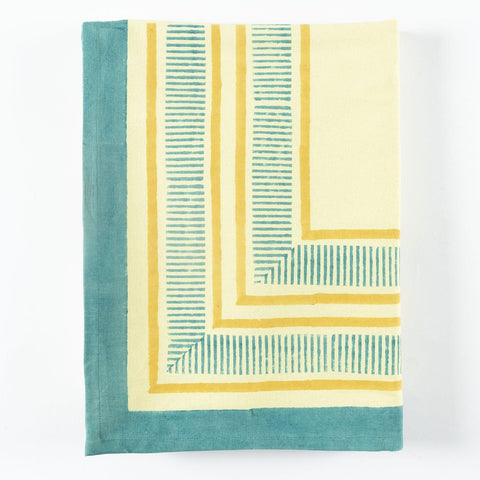 Block Print Table Cloth, Light Yellow with Blue Border - Eyaas