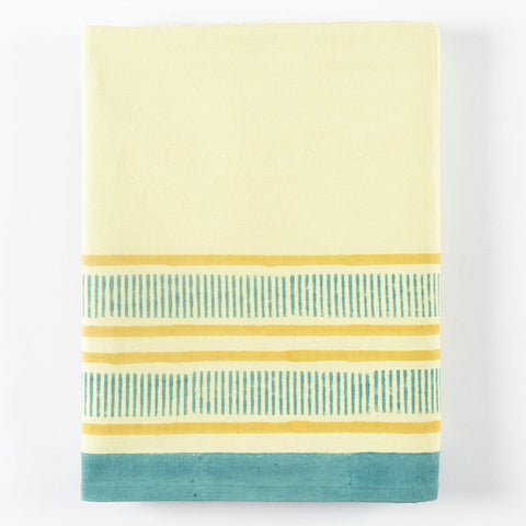 Block Print Table Cloth, Light Yellow with Blue Border - Eyaas