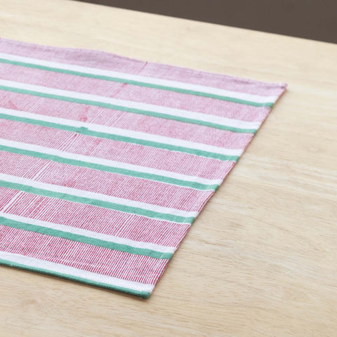Striped Block Printed Table Runner,13x60, Red & Green - Eyaas