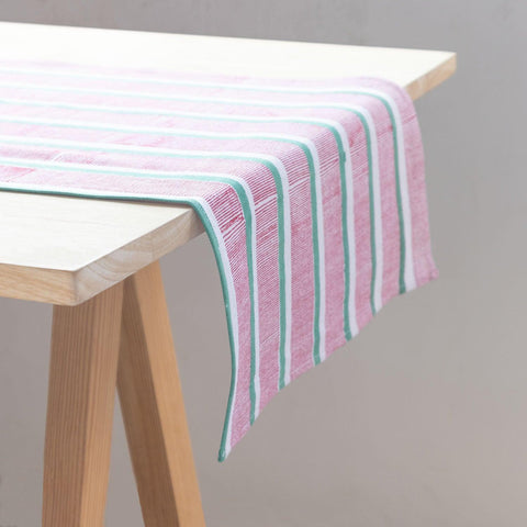 Striped Block Printed Table Runner,13x60, Red & Green - Eyaas