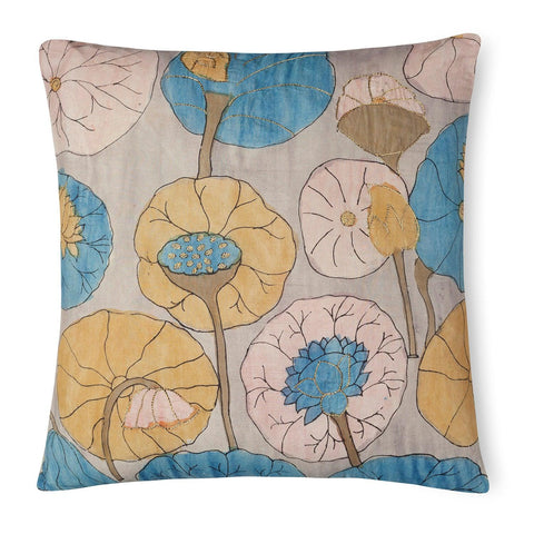Kalamkari Cushion Cover, 18x18, Pastel, Waterlily - Eyaas