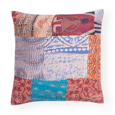 Patchwork Kantha Cushion Cover, Red & Blue 16x16 - Eyaas