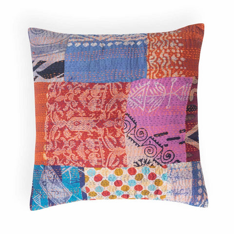Patchwork Kantha Cushion Cover, Red & Blue 16x16 - Eyaas