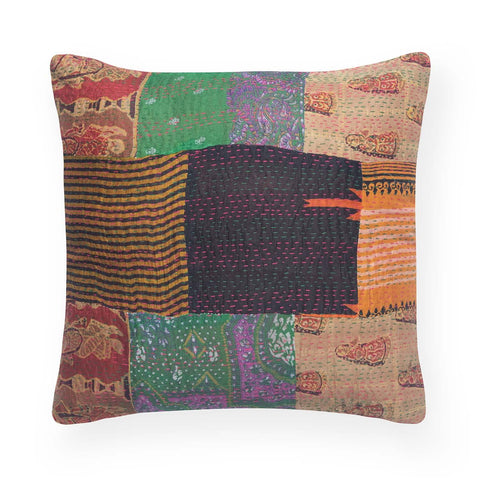 Patchwork Kantha Cushion Cover, Mustard & Teal 16x16 - Eyaas