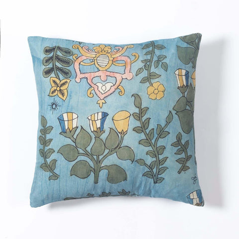 Kalamkari Cushion Cover, Blue, Floral Bells - Eyaas