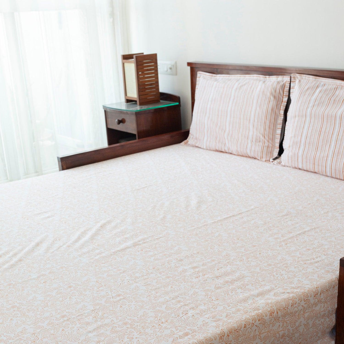Orange Block Print King Bedsheet + Pillow Covers - Eyaas