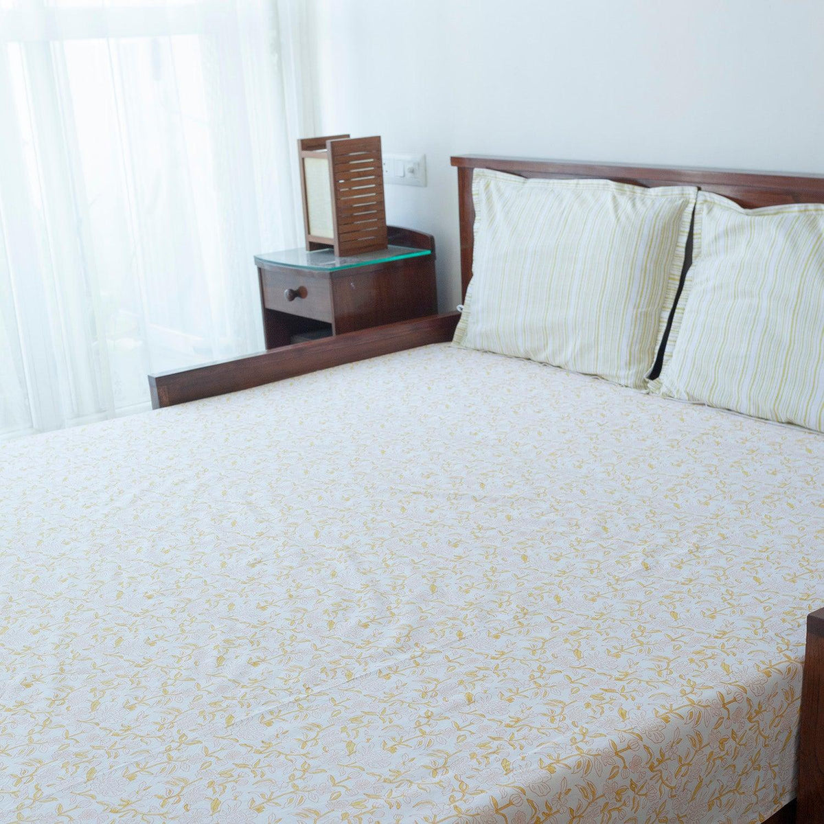 Block Print Cotton Bedsheet & Pillow Covers, Yellow & Orange - Eyaas