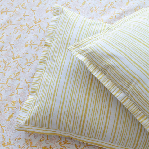 Block Print Cotton Bedsheet & Pillow Covers, Yellow & Orange - Eyaas