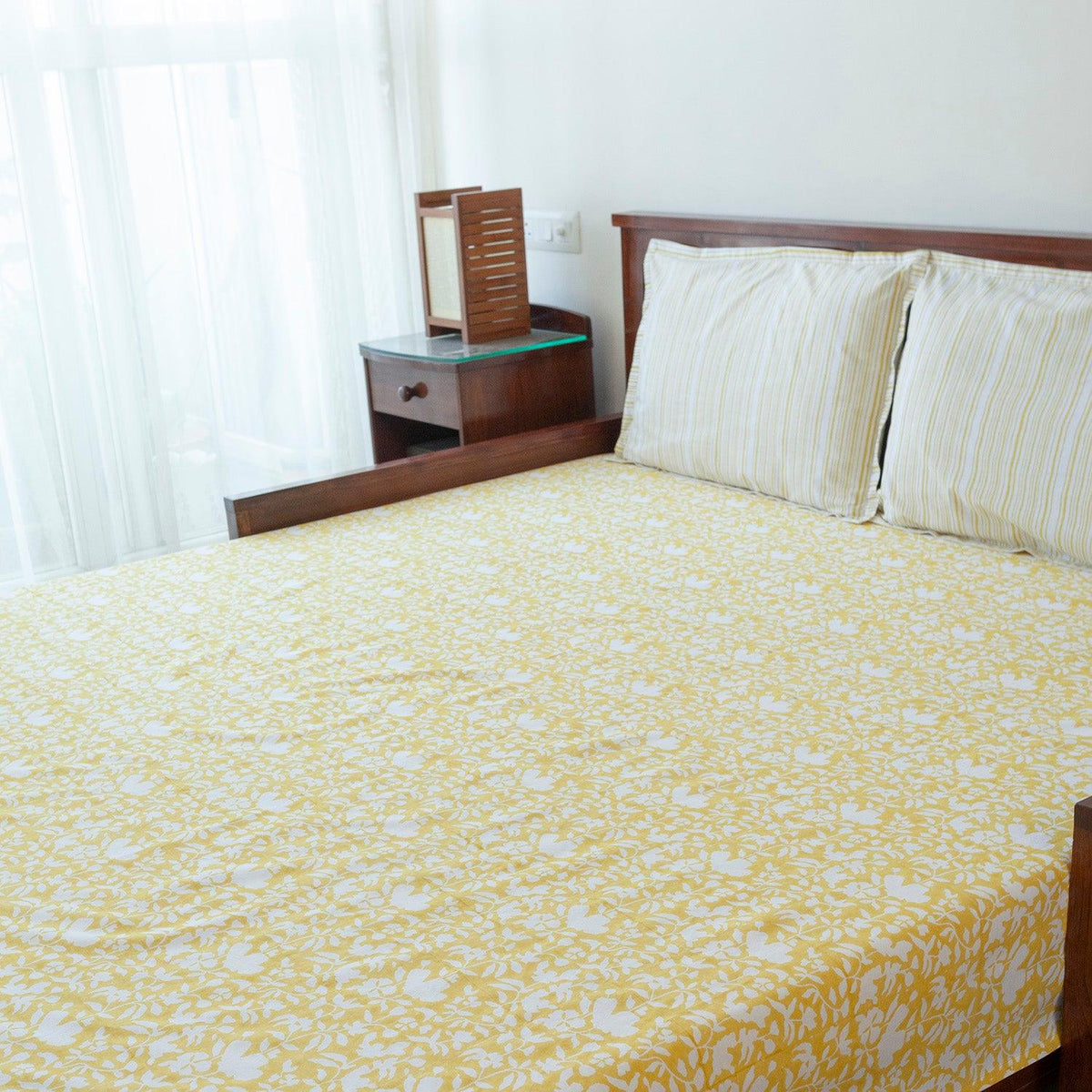 Block Print Bedsheet & Pillow Covers, Yellow & White - Eyaas