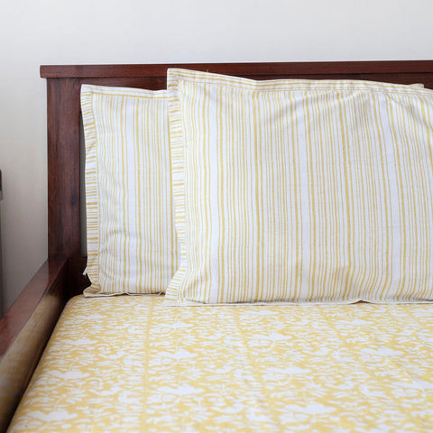 Block Print Bedsheet & Pillow Covers, Yellow & White - Eyaas