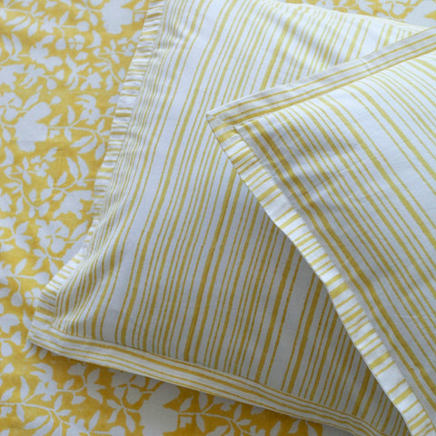 Block Print Bedsheet & Pillow Covers, Yellow & White - Eyaas