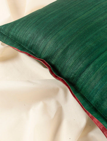 Tussar Silk Cushion Cover - 16x16, Green & Fuchsia - Eyaas