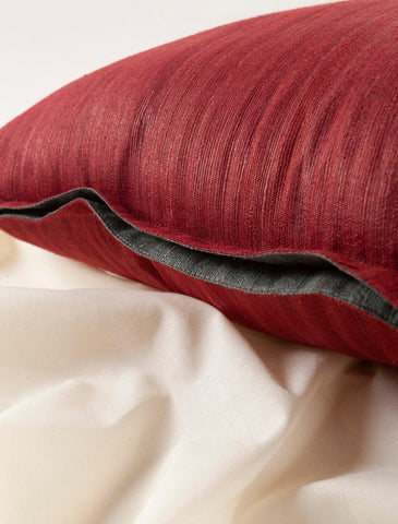 Tussar Silk Cushion Cover - 16x16, Brick Red & Grey - Eyaas