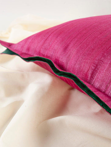 Tussar Silk Cushion Cover - 16x16, Fuchsia & Green - Eyaas