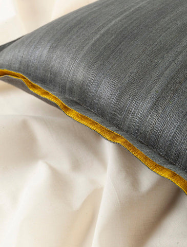 Tussar Silk Cushion Cover, 16x16, Grey with Yellow - Eyaas