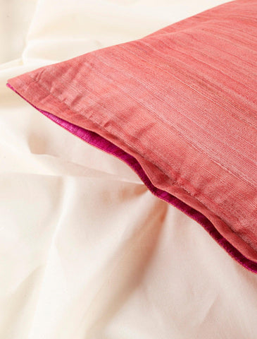 Tussar Silk Cushion Cover, 16x16, Coral & Magenta - Eyaas