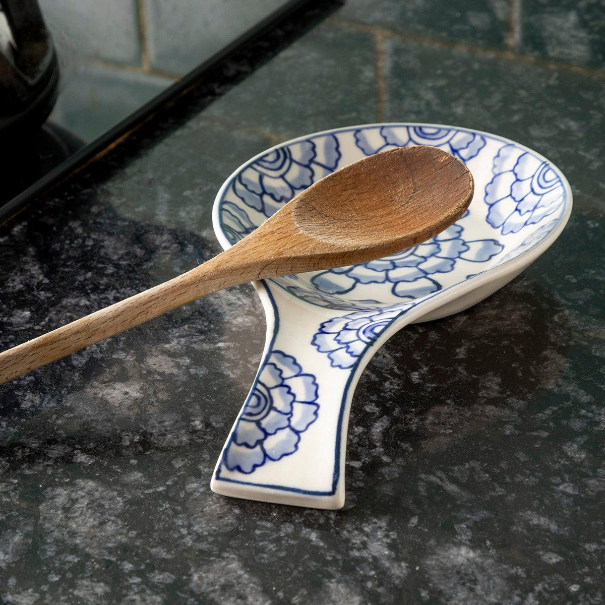 Hand Painted Ceramic Spoon Rests - 9x5.5, Blue Flowers - Eyaas