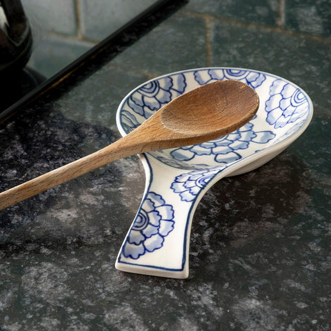 Hand Painted Ceramic Spoon Rests - 9x5.5, Blue Flowers - Eyaas