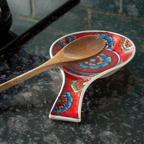 Hand Painted Ceramic Spoon Rests - 9x5.5, Red - Eyaas
